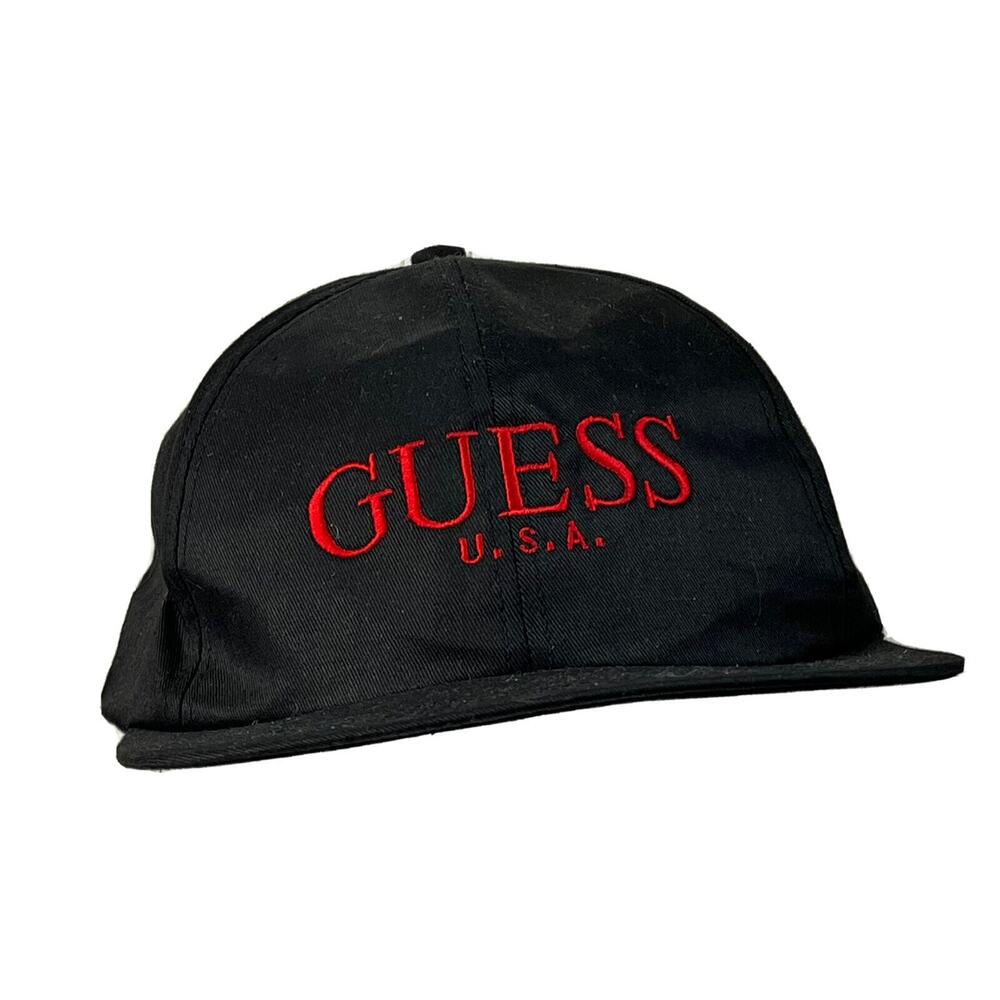 GUESS USA Baseball Cap Hat Snapback 90s Vintage - Black w/ Red Embroidered Logo